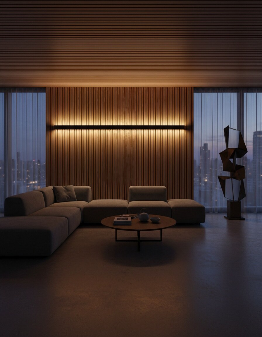 Eclairage indirect, halo lumineux sur mur bois TEBEA X