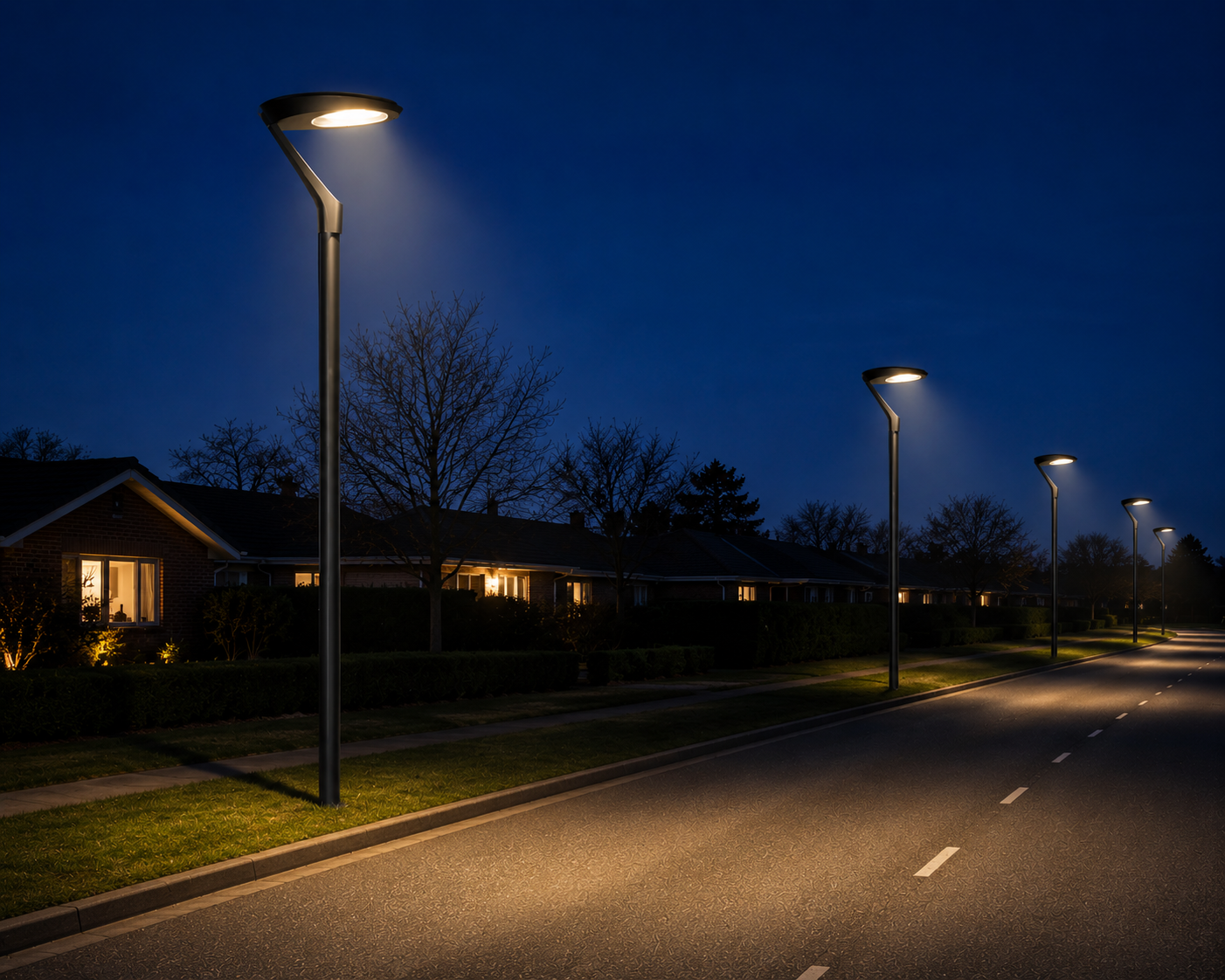 Voie de circulation résidentielle, luminaire sur mât SQUOR